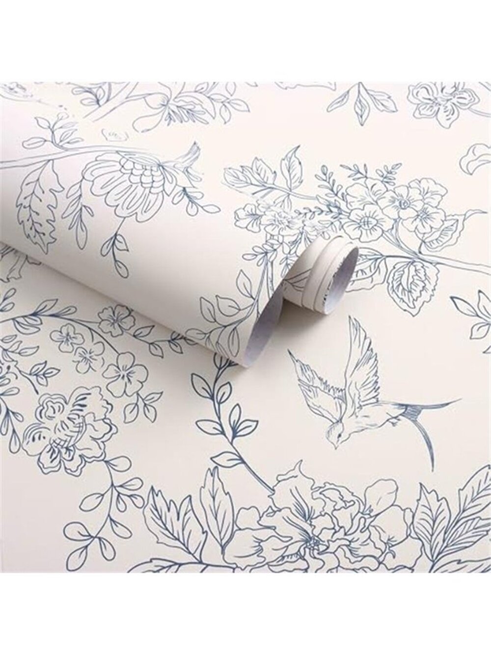 Cream White and Blue Floral Peel and Stick Wallpaper 17.7in×118.1in |Blue Floral